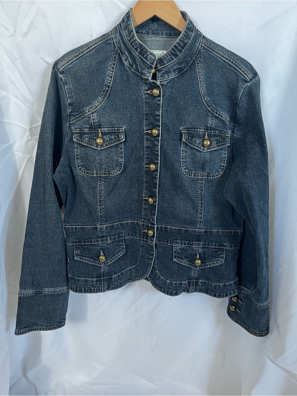 Jessica Faded Blue Denim Military-Style Jacket with Brass Buttons
